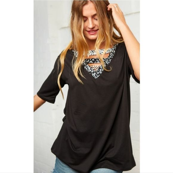 Black Top With Animal Print Detail - Picture 5 of 7